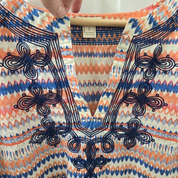 J. Crew Popover Blouse Womens Small Orange Blue Embroidered Chevron Stripes - Picture 6 of 9